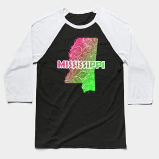 Colorful mandala art map of Mississippi with text in pink and green Baseball T-Shirt